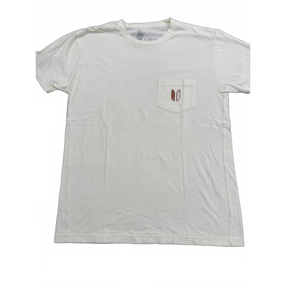 Linksoul Tee Shirt Mens Medium Cream Pocket Graphic Back Logo Beach Casual